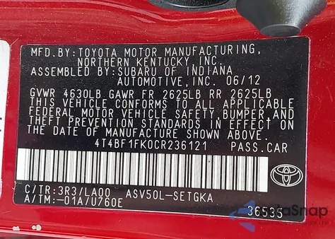 2012 Toyota Camry Xle z USA, uszkodzony, nr VIN 4T4BF1FK0CR236121